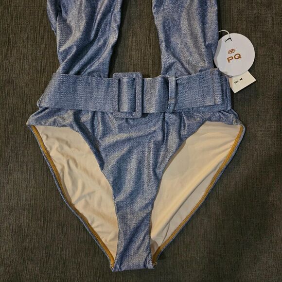 PQ Swim women denim Belted Alex Crossover Halter One Piece Swimsuit Size Medium - Picture 5 of 11